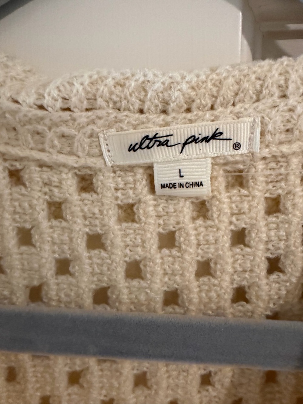 Ultra Pink Cream Open-Weave Crochet Polo Sweater - Picture 2 of 4